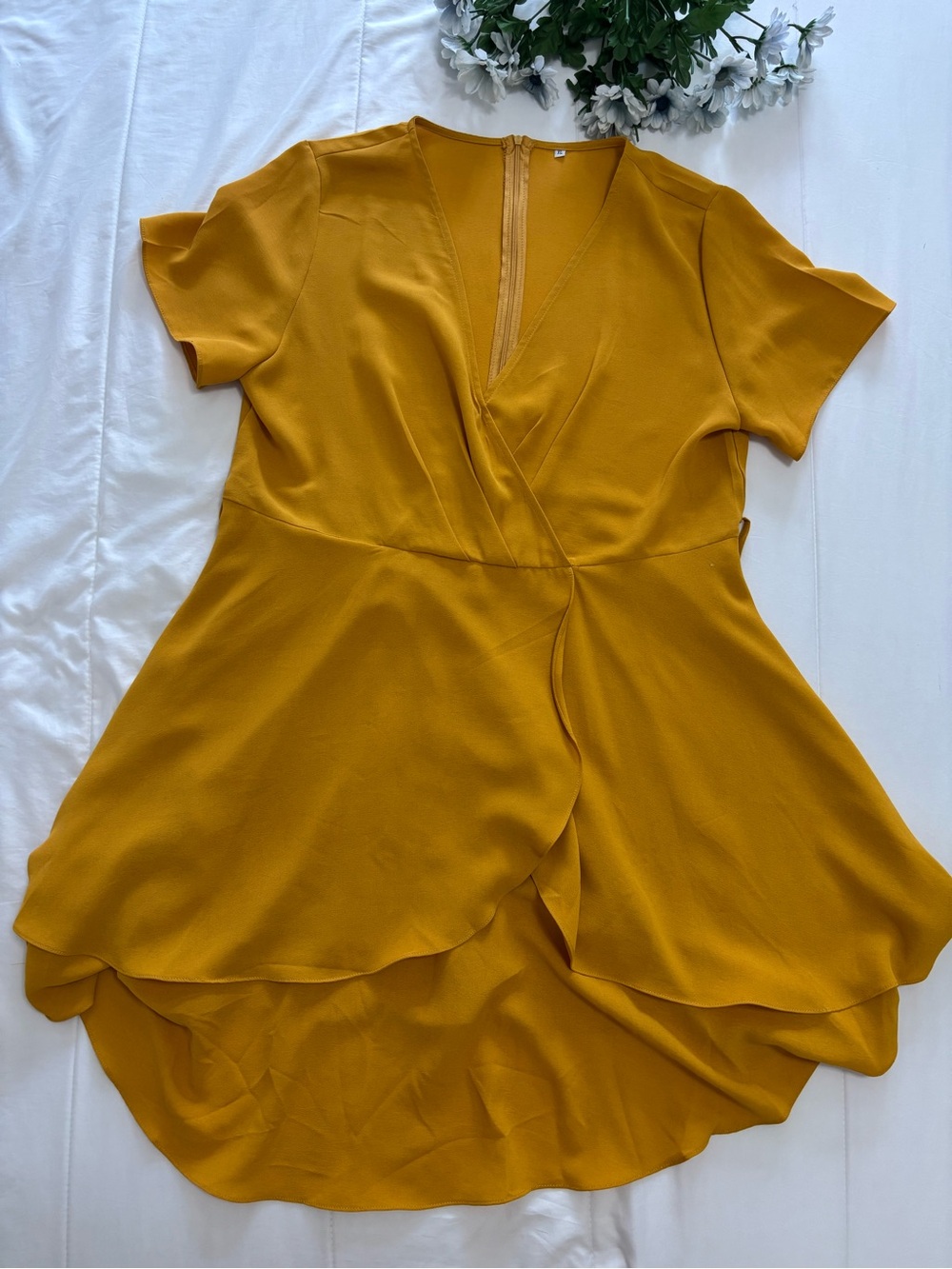 Boho chic Mustard Yellow High Low Tulip Hem Wrap Dress Flutter Sleeve ruffle hem
